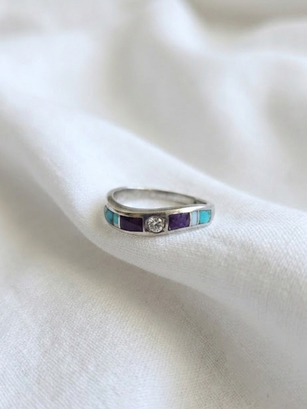 Sterling Silver Inlay Ring with Purple Sugilite and Turquoise Stones